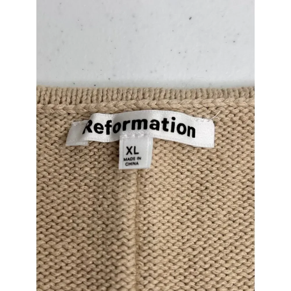 Reformation V Neck Sweater XL Beige Bell Sleeve Rolled Hem Neutral Cotton